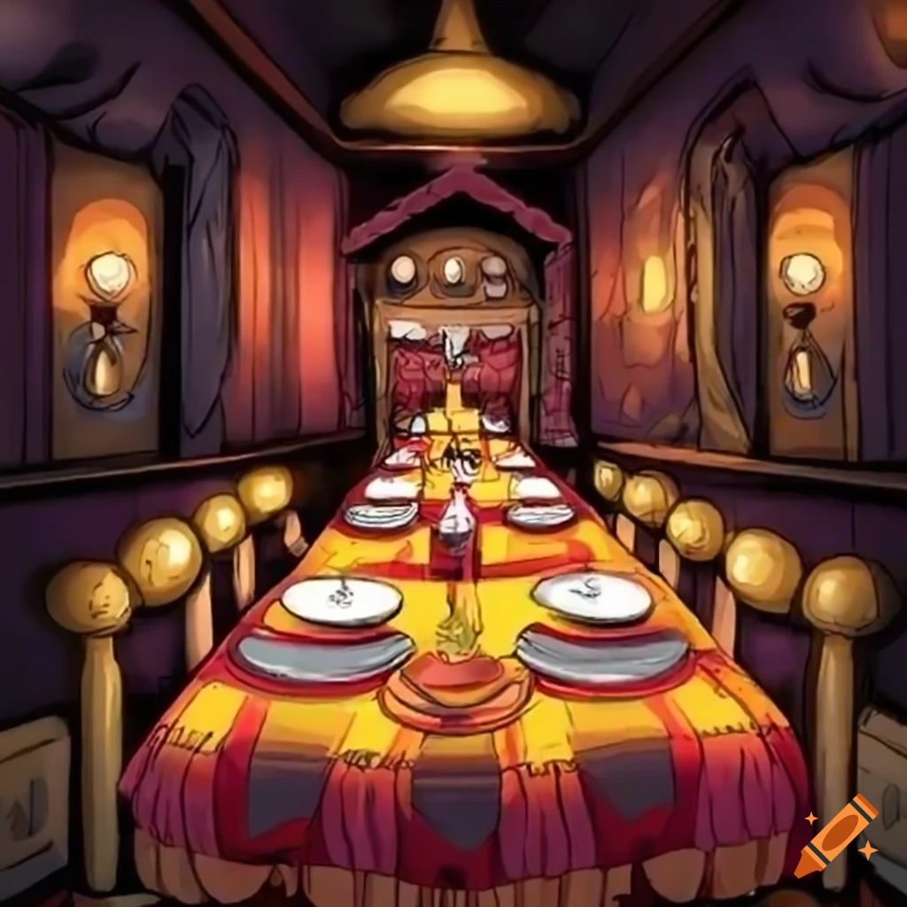 Fine dining restaurant with a One Piece style manga background