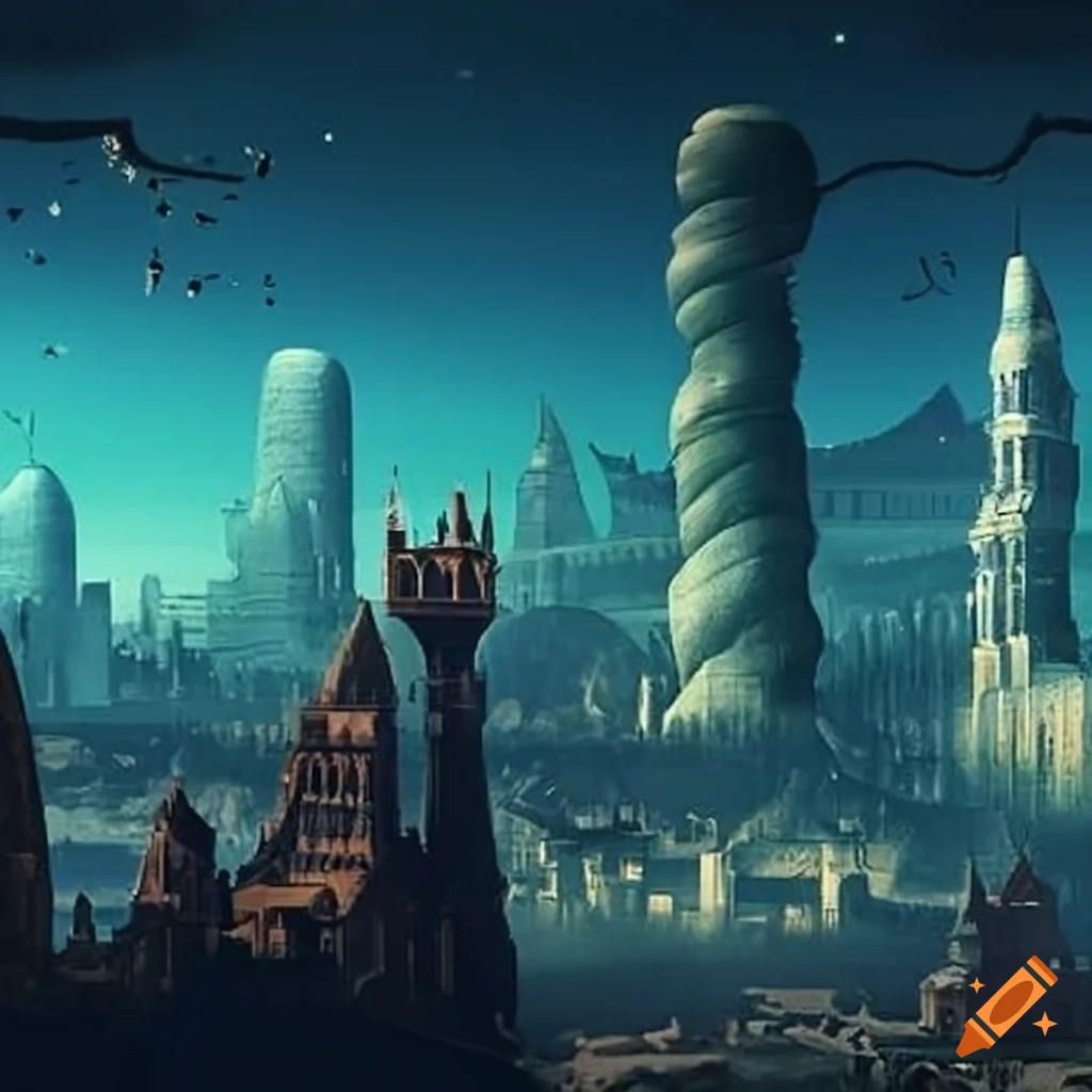 Surrealistische stadt mit elementen von traumwelten und fantasie on Craiyon