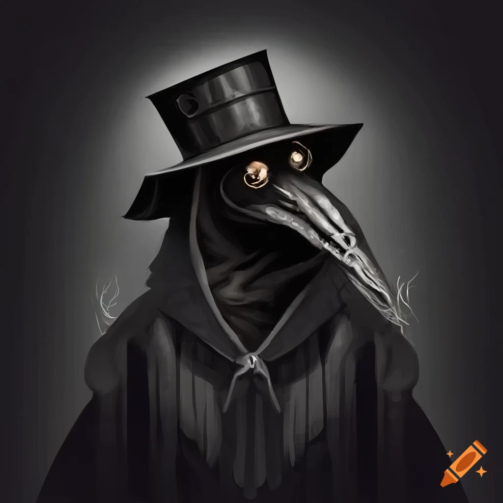 Mystical plague doctor illustration in a dark, eerie setting with shadows