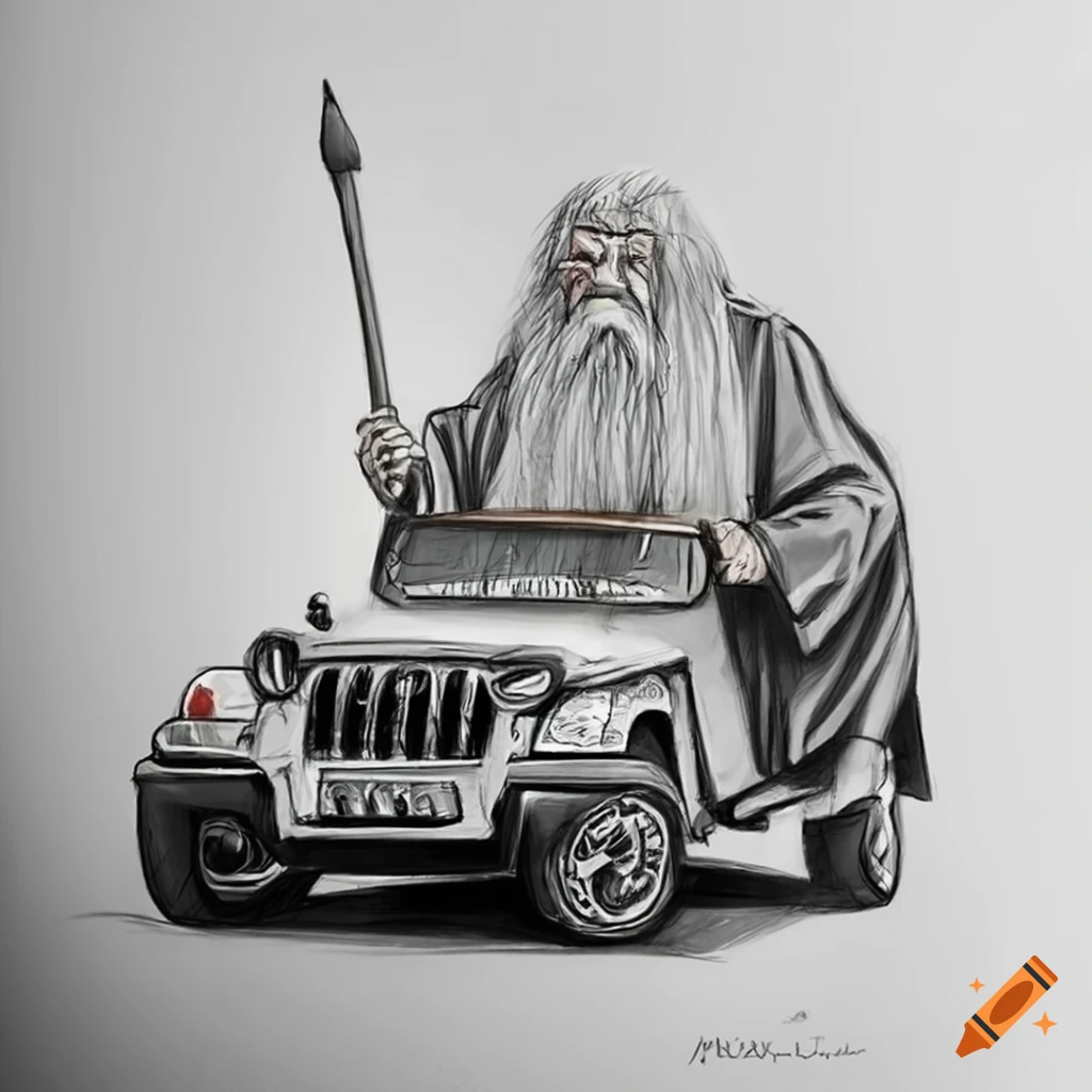 Gandalf next to a Mahindra car in a pencil sketch art