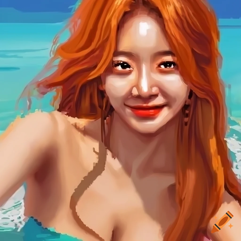 Realistic pixel art selfie of a smiling Korean actress with orange hair at the beach