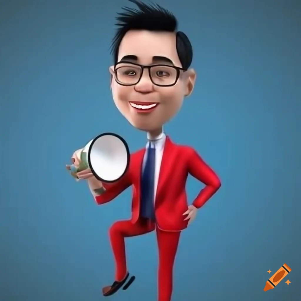 3d Caricature Of A Thai Man In A Stylish Red Suit Holding A Megaphone 3d-caricature-of-a-thai-man-in-a-stylish-red-suit-holding-a-megaphone