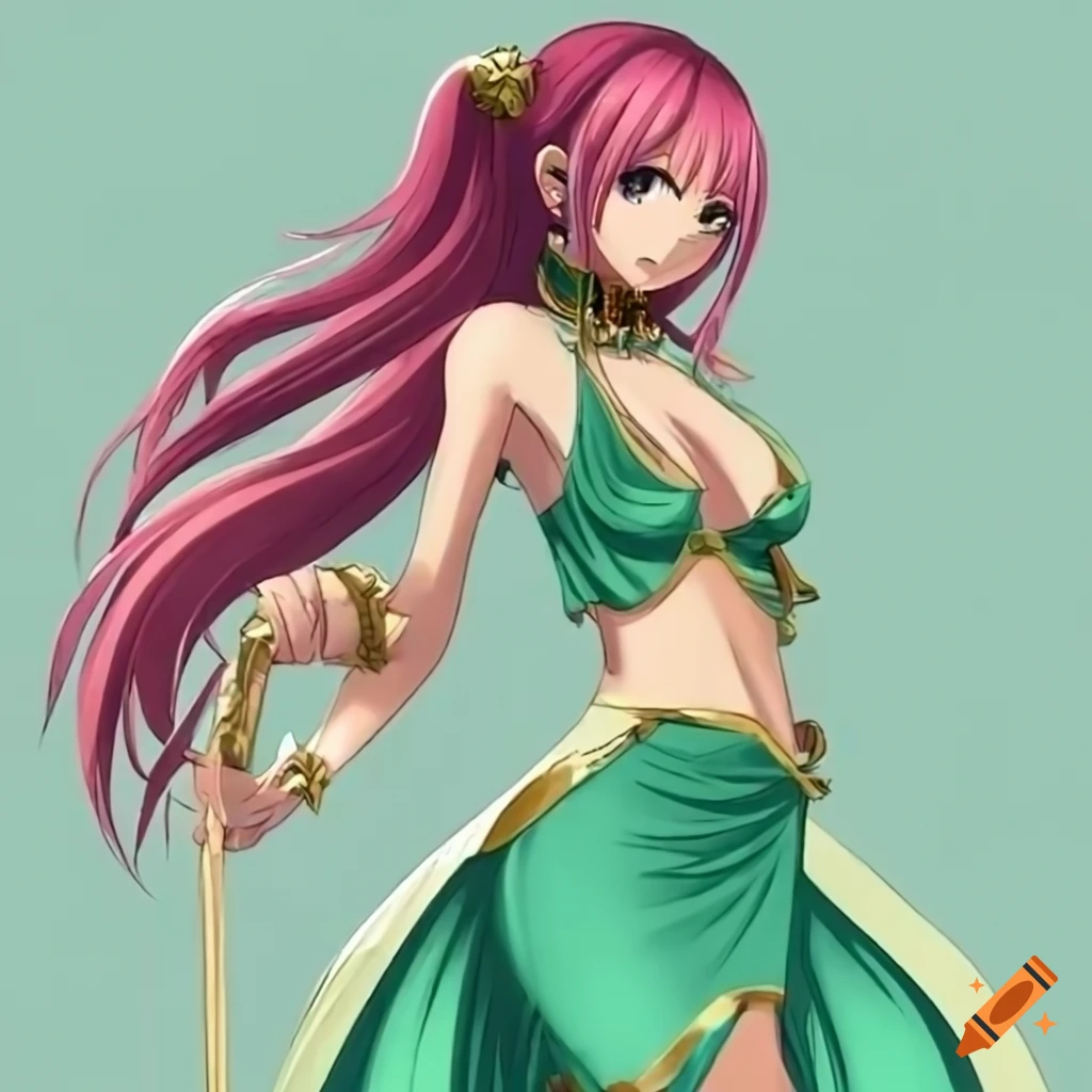 Beautiful girl with long dark pink hair in traditional dancer costume with golden accessories, Anime style