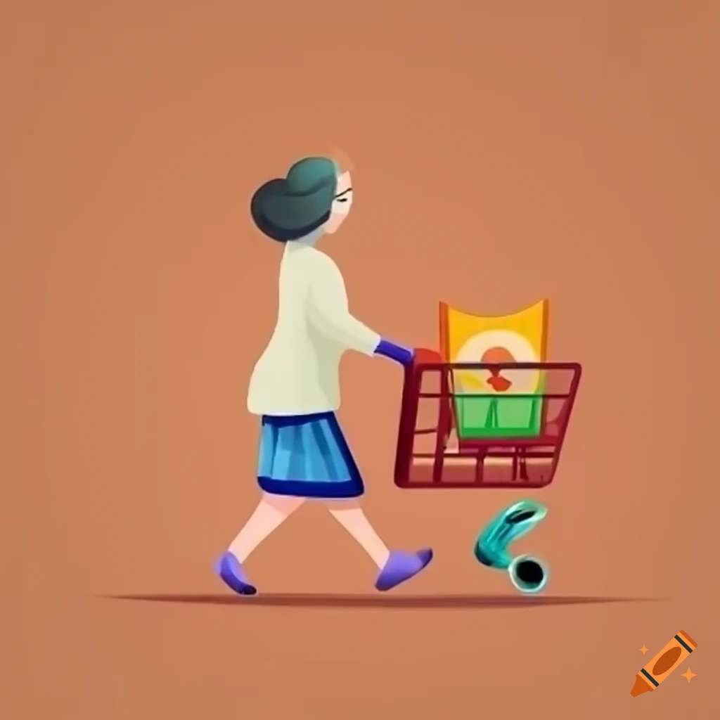Elderly woman pushing a supermarket trolley in green and orange color scheme