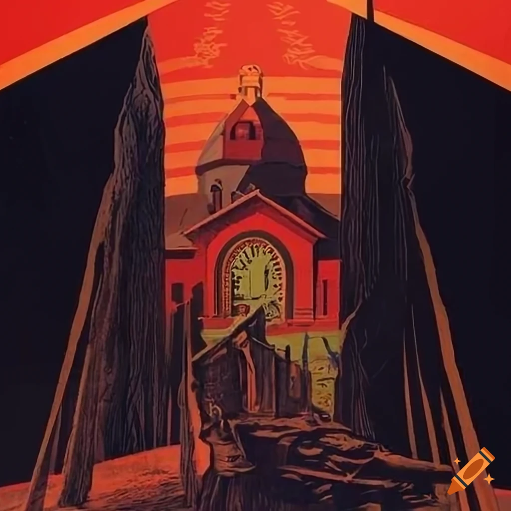 Vintage Soviet propaganda poster with farm and forest motifs in unique artistic style