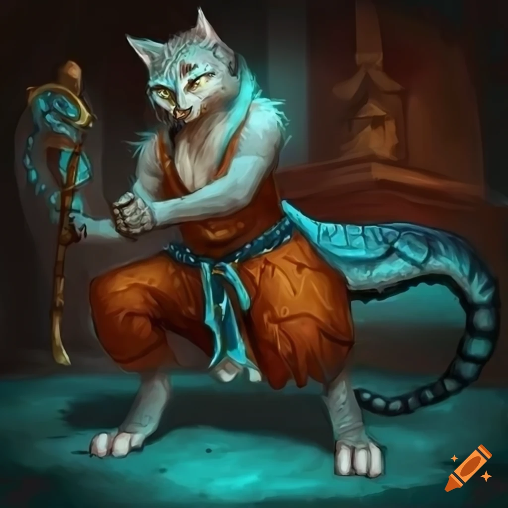 Teal-cobalt male were-CAT tabaxi rakshasa xianxia MONK in Dungeons & Dragons style