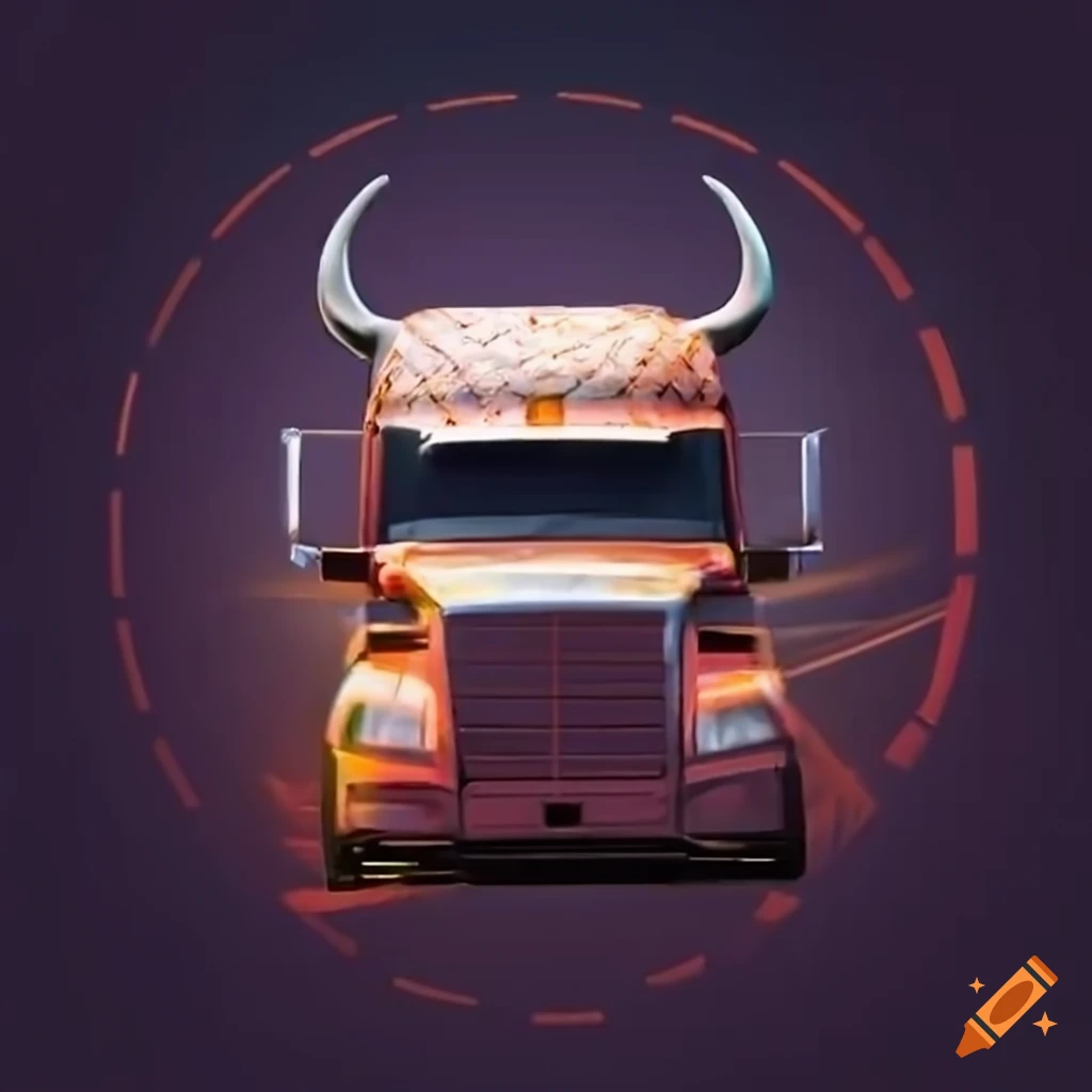 Unique 18 wheeler truck with a bull head grill being chased by a bear on a stock market graph