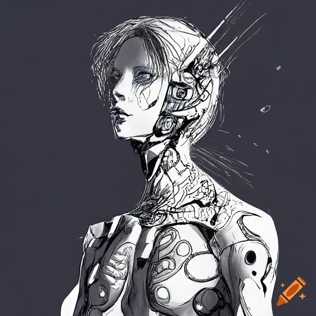 Ink drawing of a charismatic young man cyborg in a high-tech bodysuit
