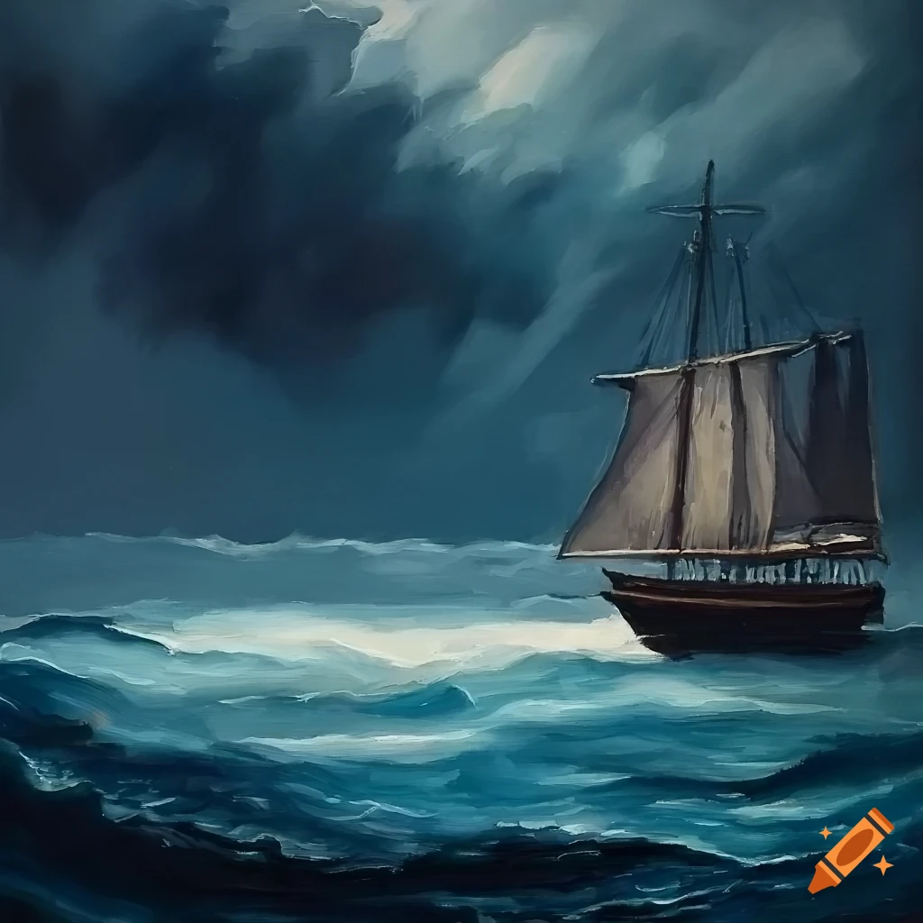 Ocean with stormy clouds and a sail ship in the distance
