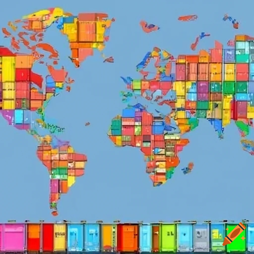 World map filled with vibrant logistics containers of various sizes and colors