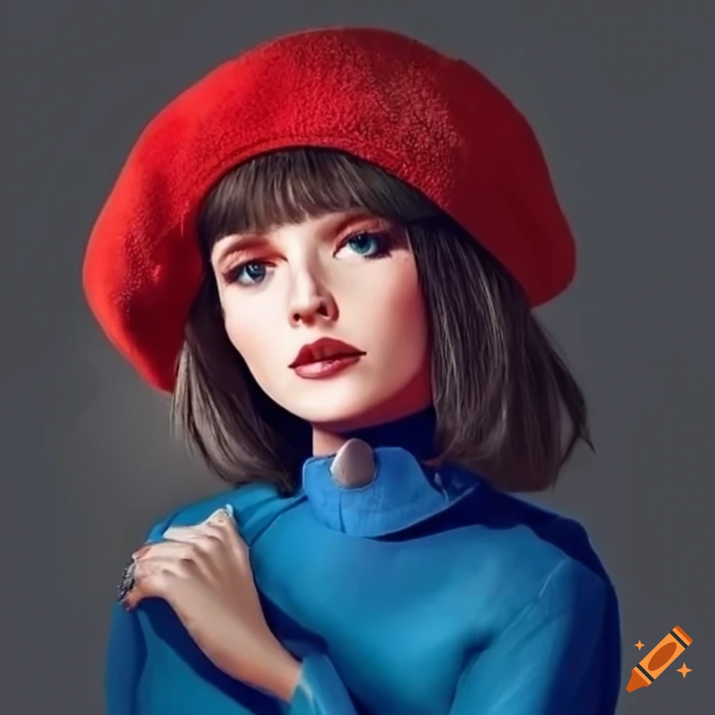 Beautiful woman in a red beret and blue dress with white spots standing ...