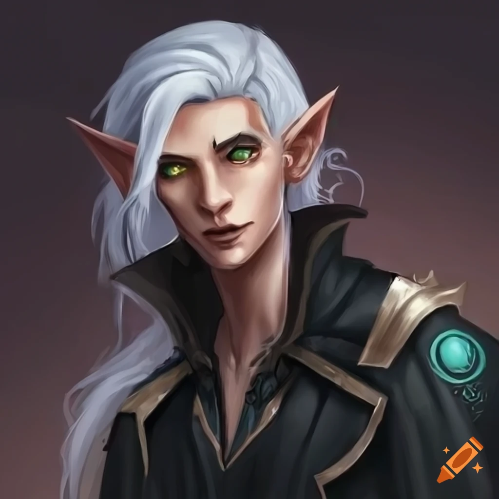 Male elf with green eyes and white hair wielding a scythe in a long ...