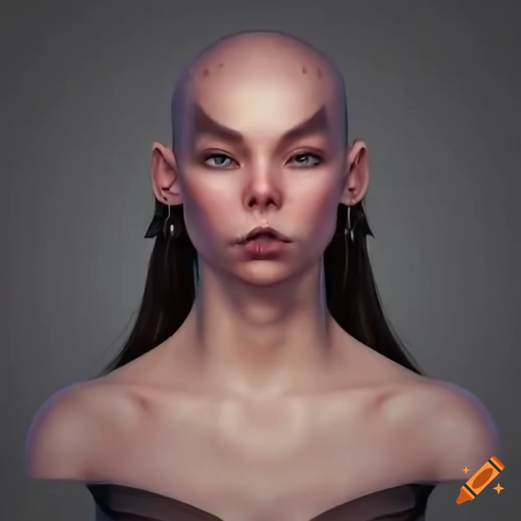 Portrait of a woman with long dark hair and bald on top of her head