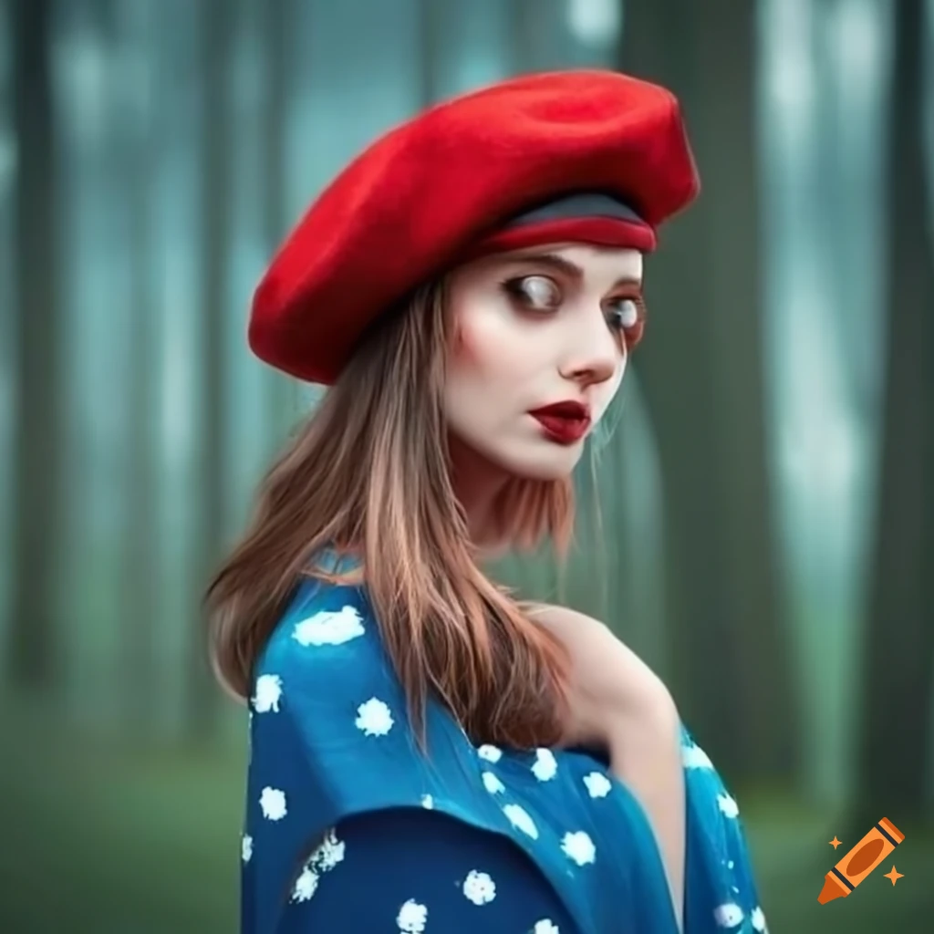 Beautiful woman in a red beret and blue dress with white spots standing ...