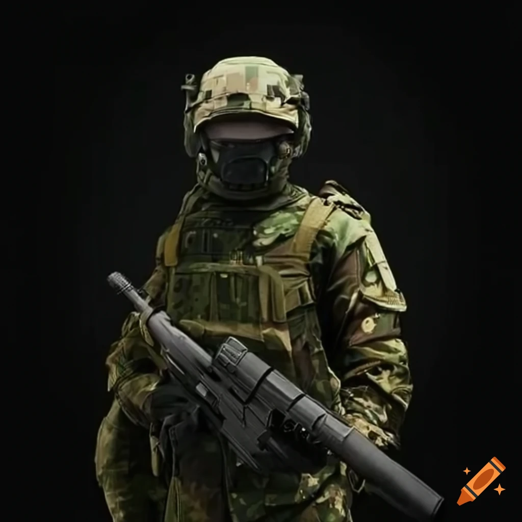 Intricately designed future soldier in jungle camouflage attire