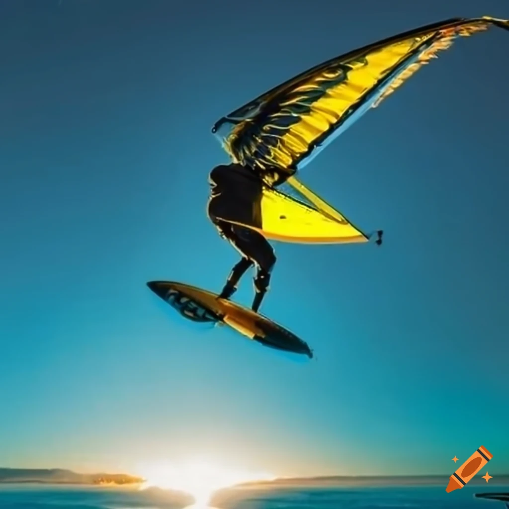 Man wing foiling with navy equipment and yellow wing logo
