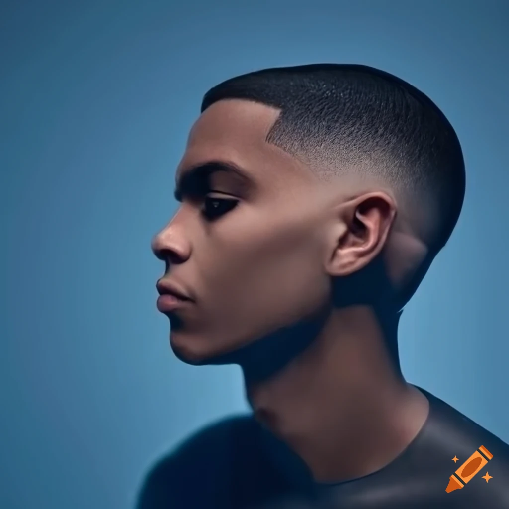 Dark-skinned man with low fade haircut on a blue background