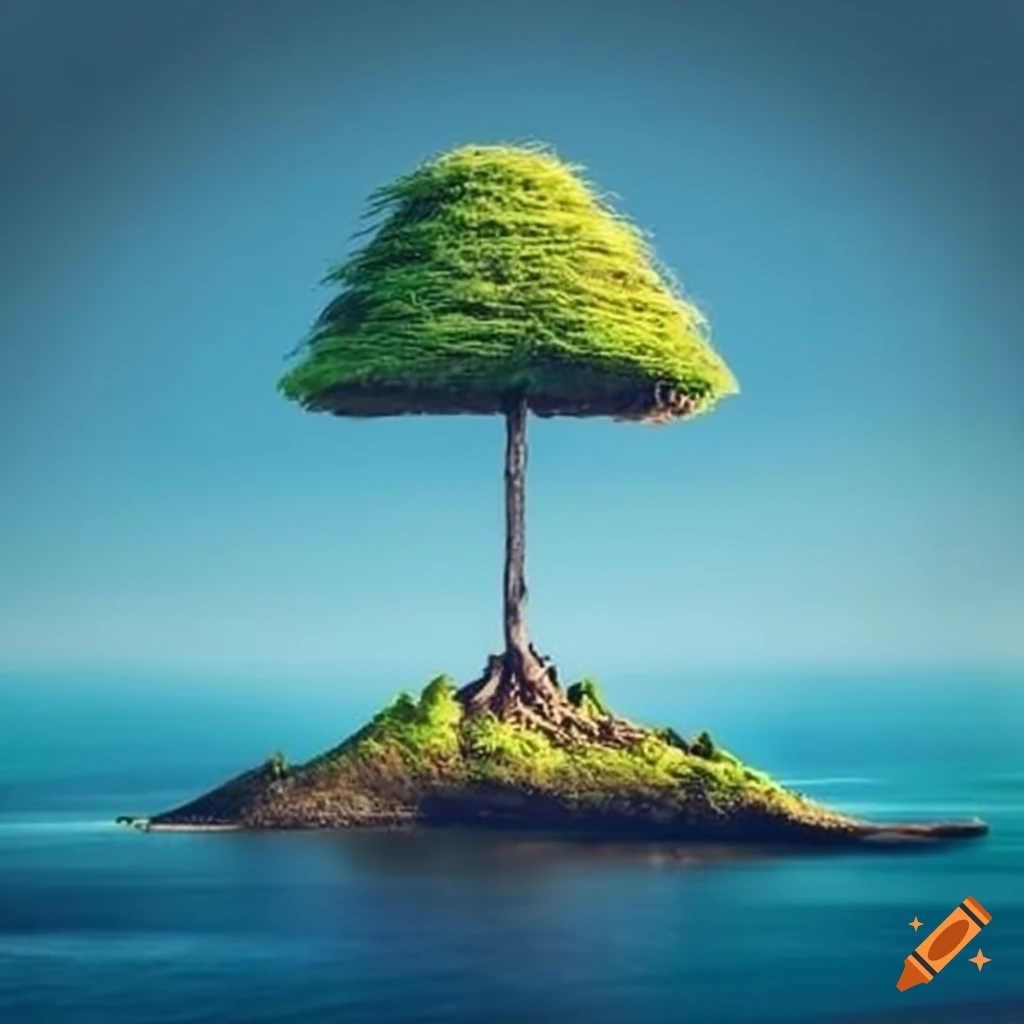 Island with a solitary tree on top of a hill