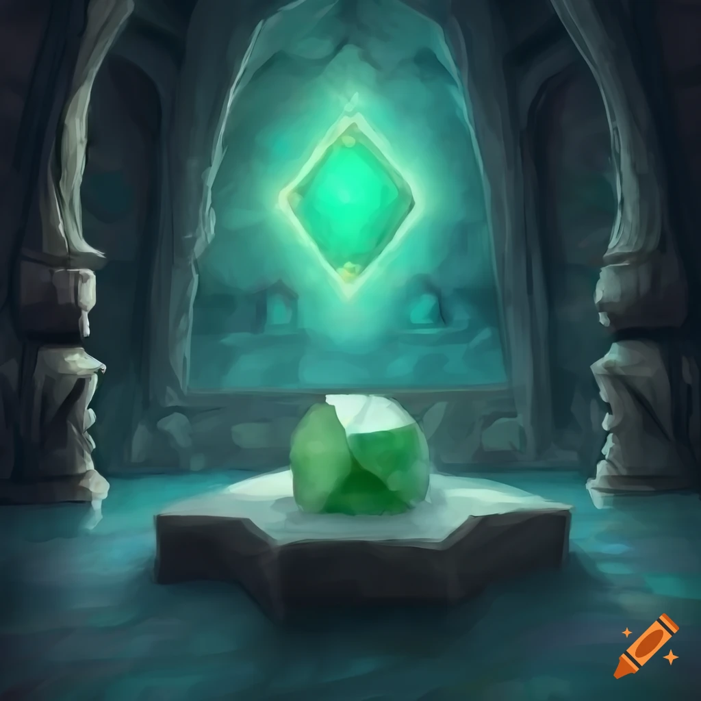 Tessellating jade octahedron in a mystical stone room