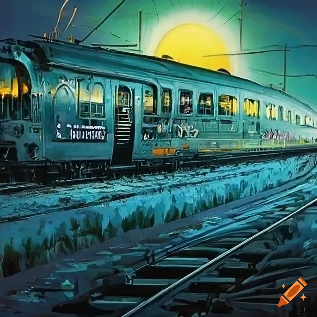 French comic-inspired post-apocalyptic living train art with retro-futuristic design
