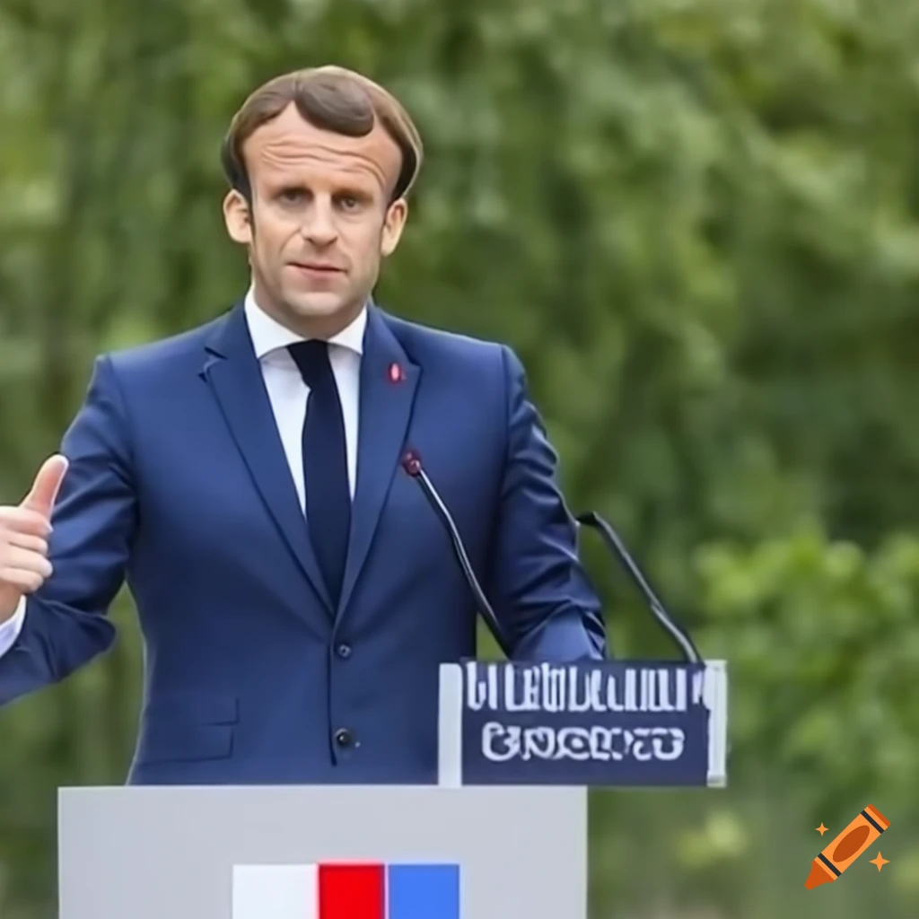Emmanuel Macron giving a speech with French and European flags in the background at the Elysee Gardens