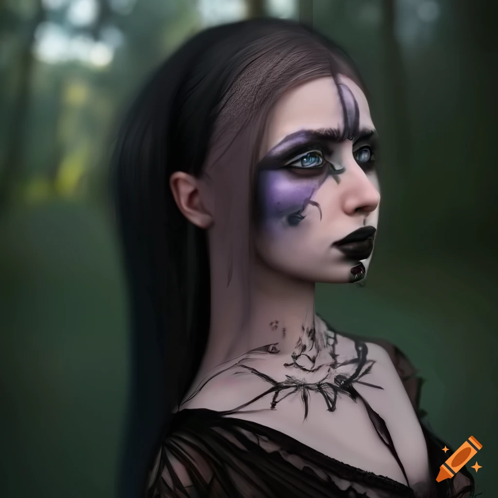 Close up of hyperrealistic Gothic woman with flowers and butterflies in her hair