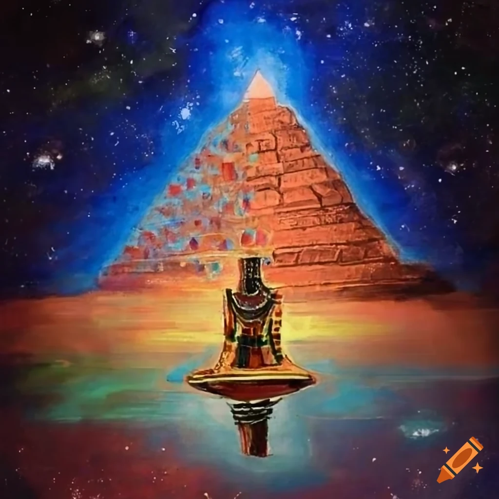 Abstract drawing of man in pharaoh hat on throne in front of pyramid with cosmic sky