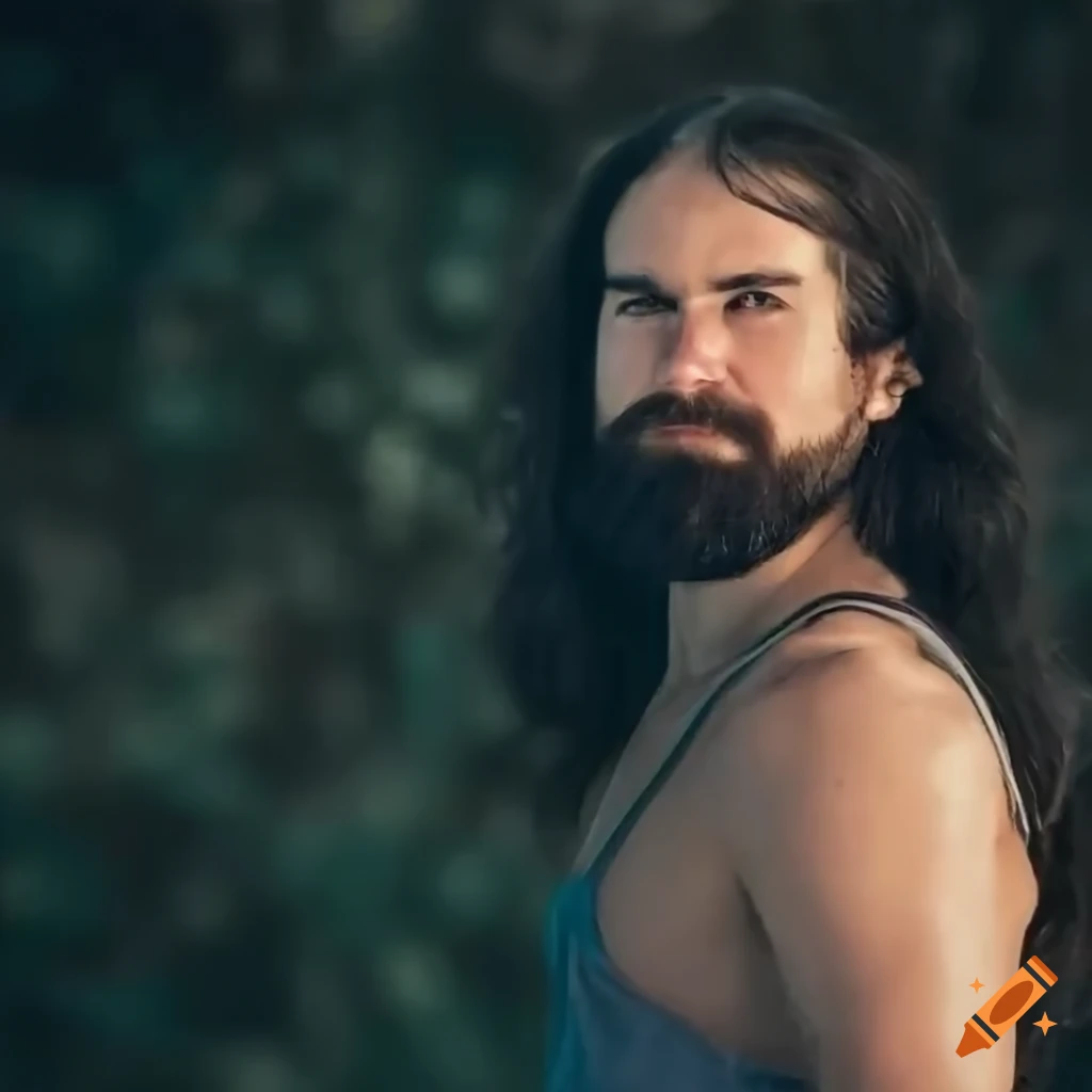 Man with long hair and beard in dramatic sunlight