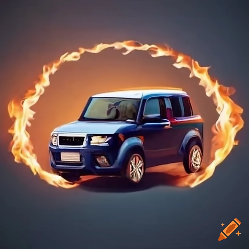 Honda Element jumping through a flaming hoop off a ramp