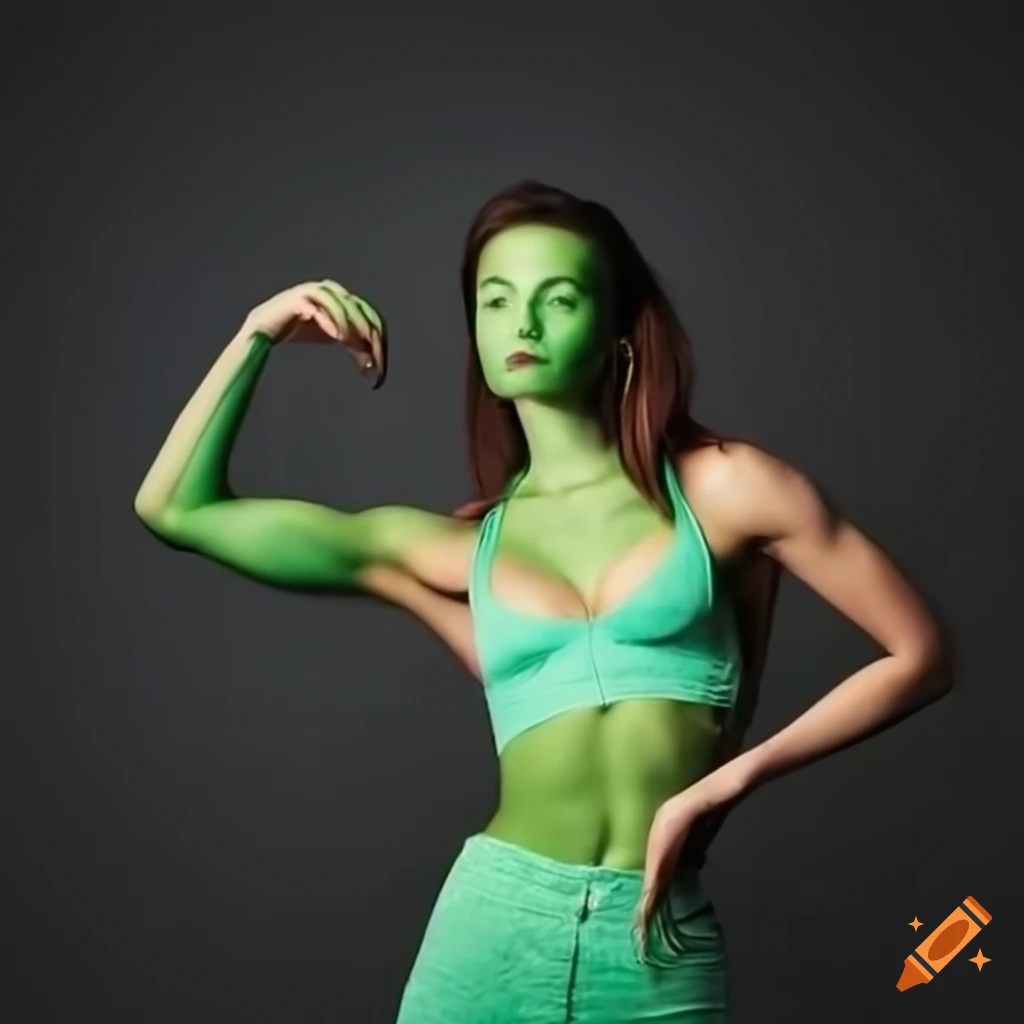 Young woman with a green and muscular arm transformation