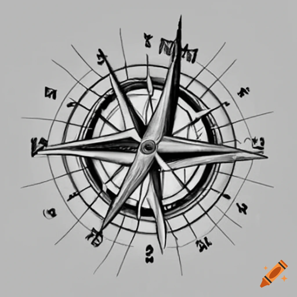 Silhouette mountain compass tattoo design