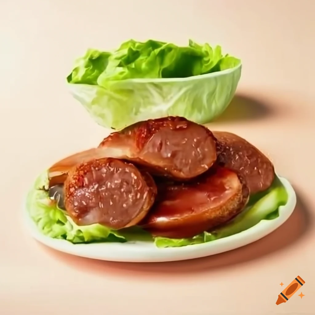 Slices of Peking duck with lettuce, cucumber, and hamburger patty