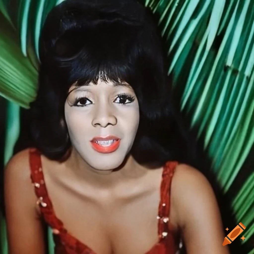 Ronnie Spector in 70s v-neck jumpsuit surrounded by palm leaves on a beach at night