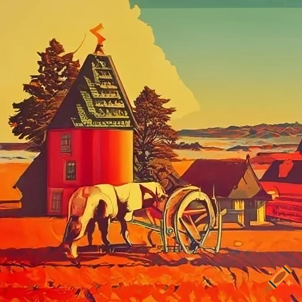 Vintage Soviet propaganda poster with farm and forest motifs in unique artistic style