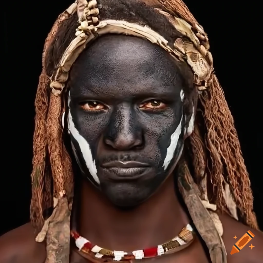 Juneteenth tribal warrior with face paint holding a spear and cell phone