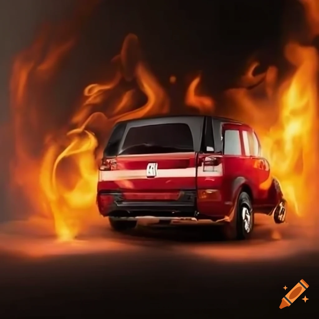 Honda Element jumping through a flaming hoop off a ramp