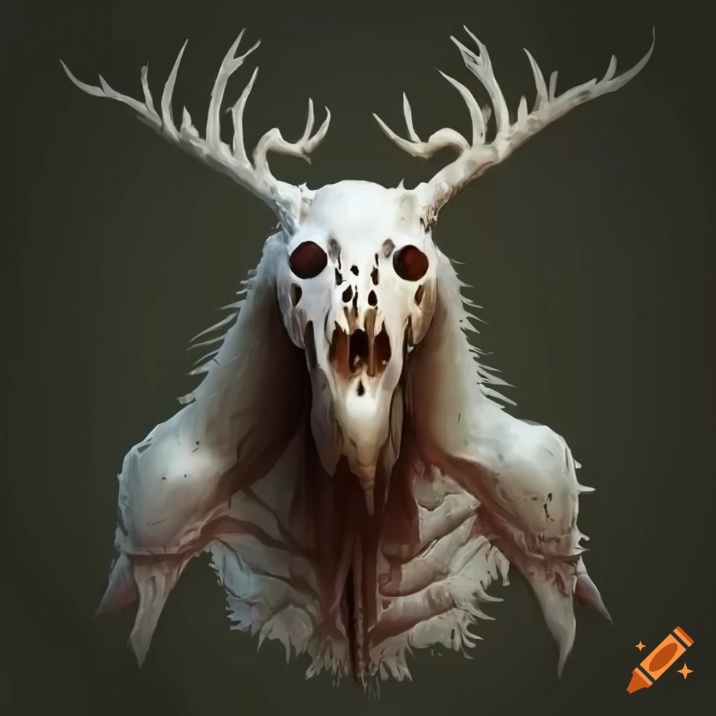 North American undead white wendigo creature with deer skull head