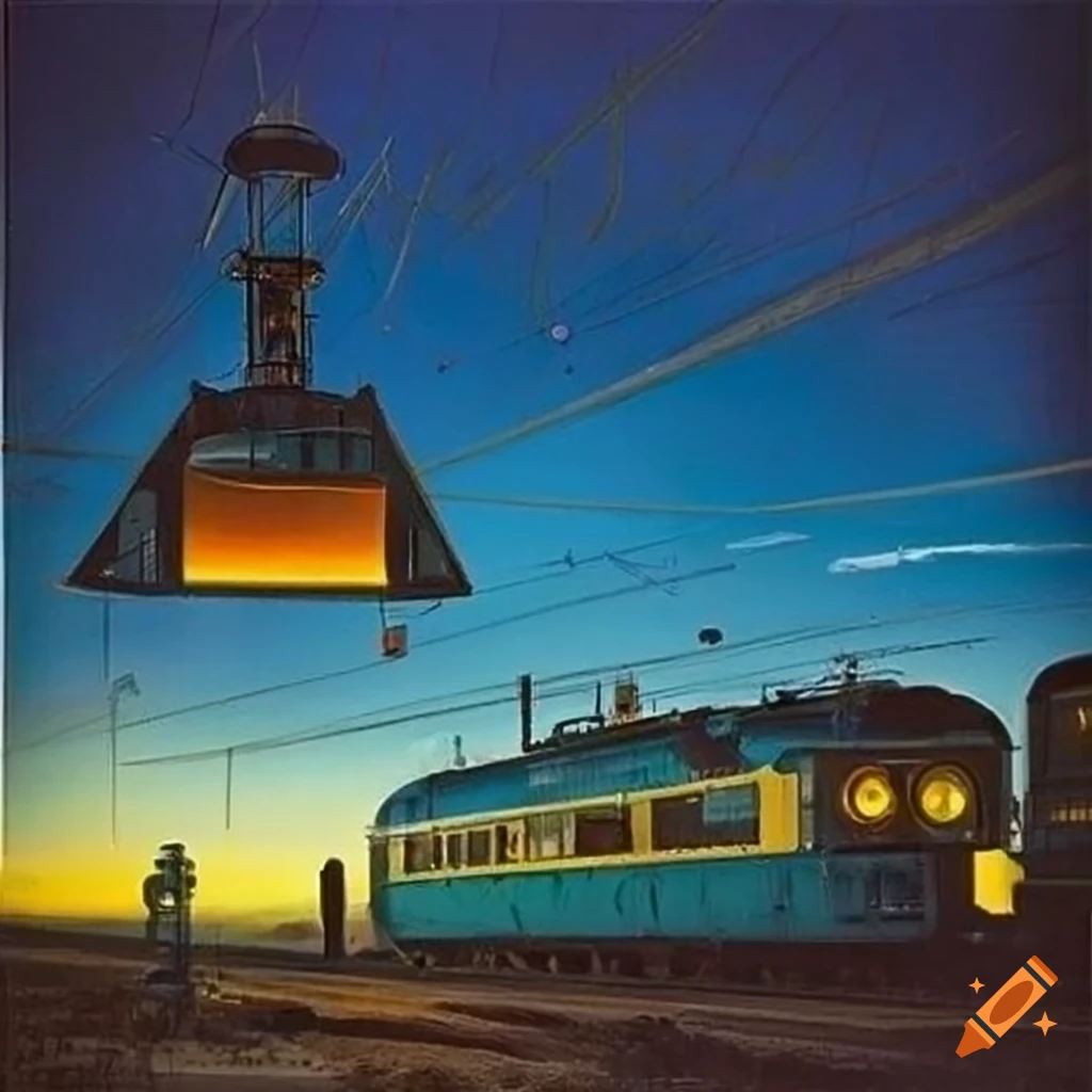 French comic-inspired post-apocalyptic living train art with retro-futuristic designs