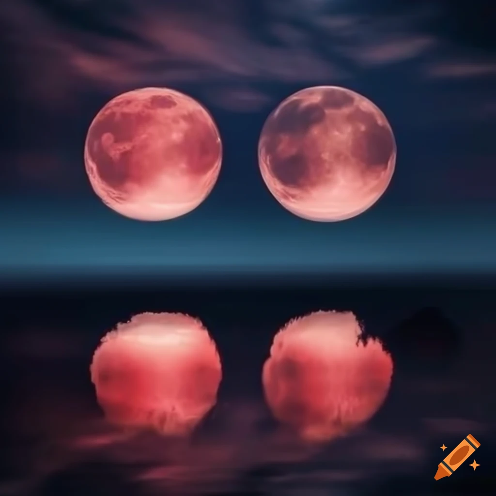 Trio of red, white, and black moons reflected in tranquil water