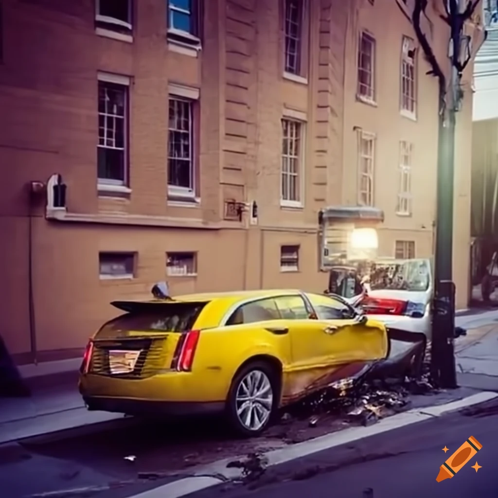 Yellow Cadillac crashing into a lamppost