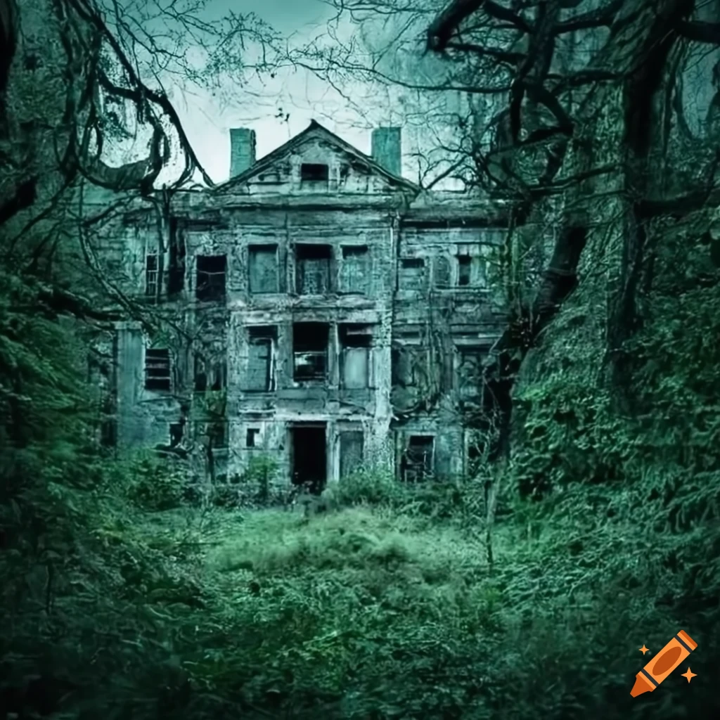 Old abandoned mansion with overgrown vines and mysterious light
