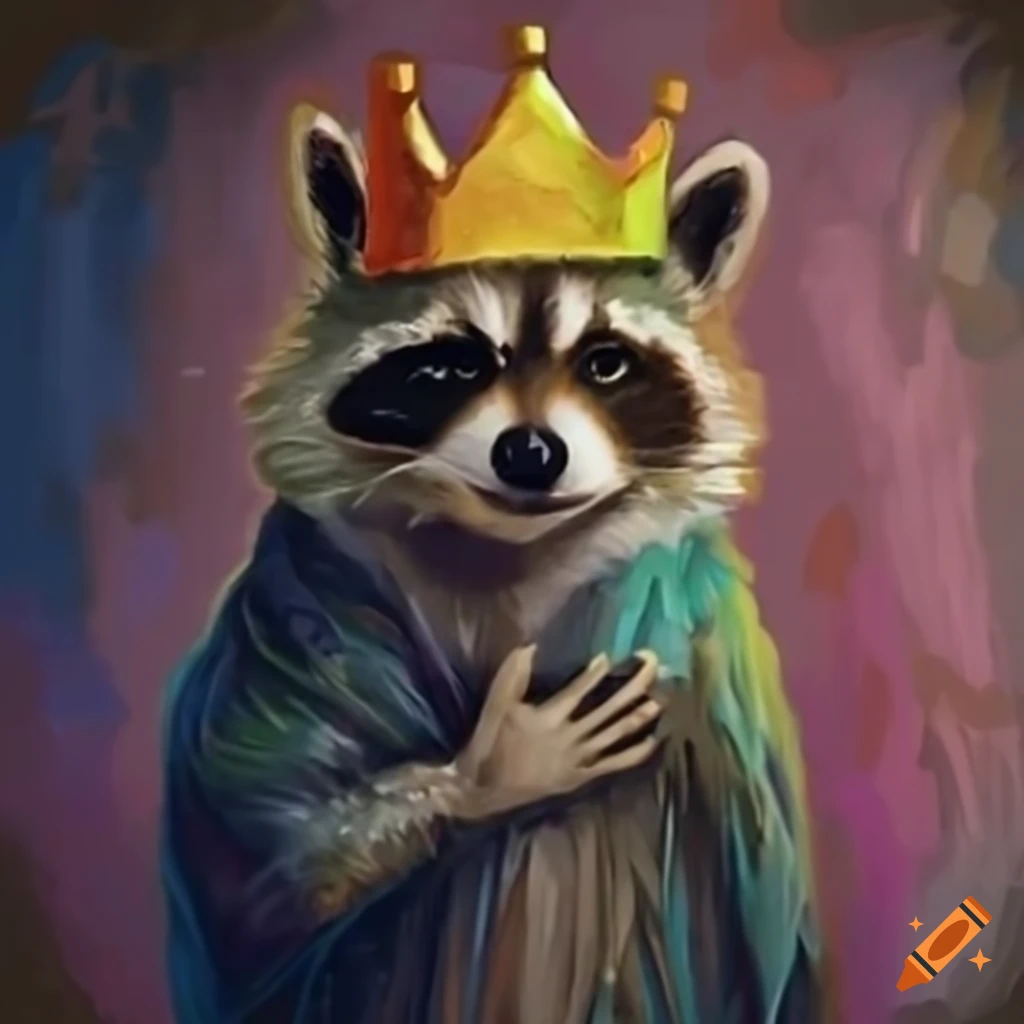 Anthropomorphic raccoon wearing a crown in a ruined cityscape