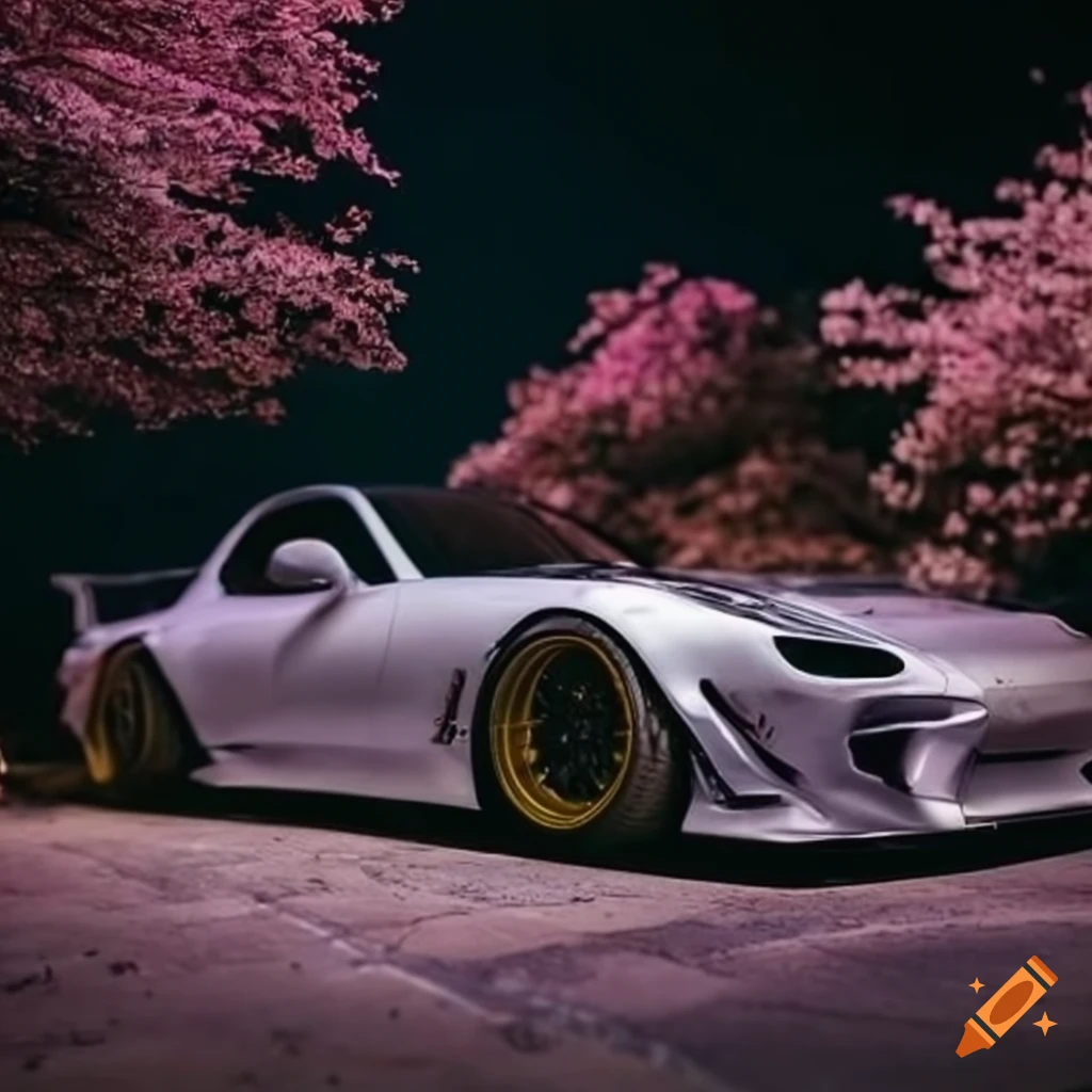 Detailed silver Mazda RX-7 with widebody kit under a blooming sakura tree