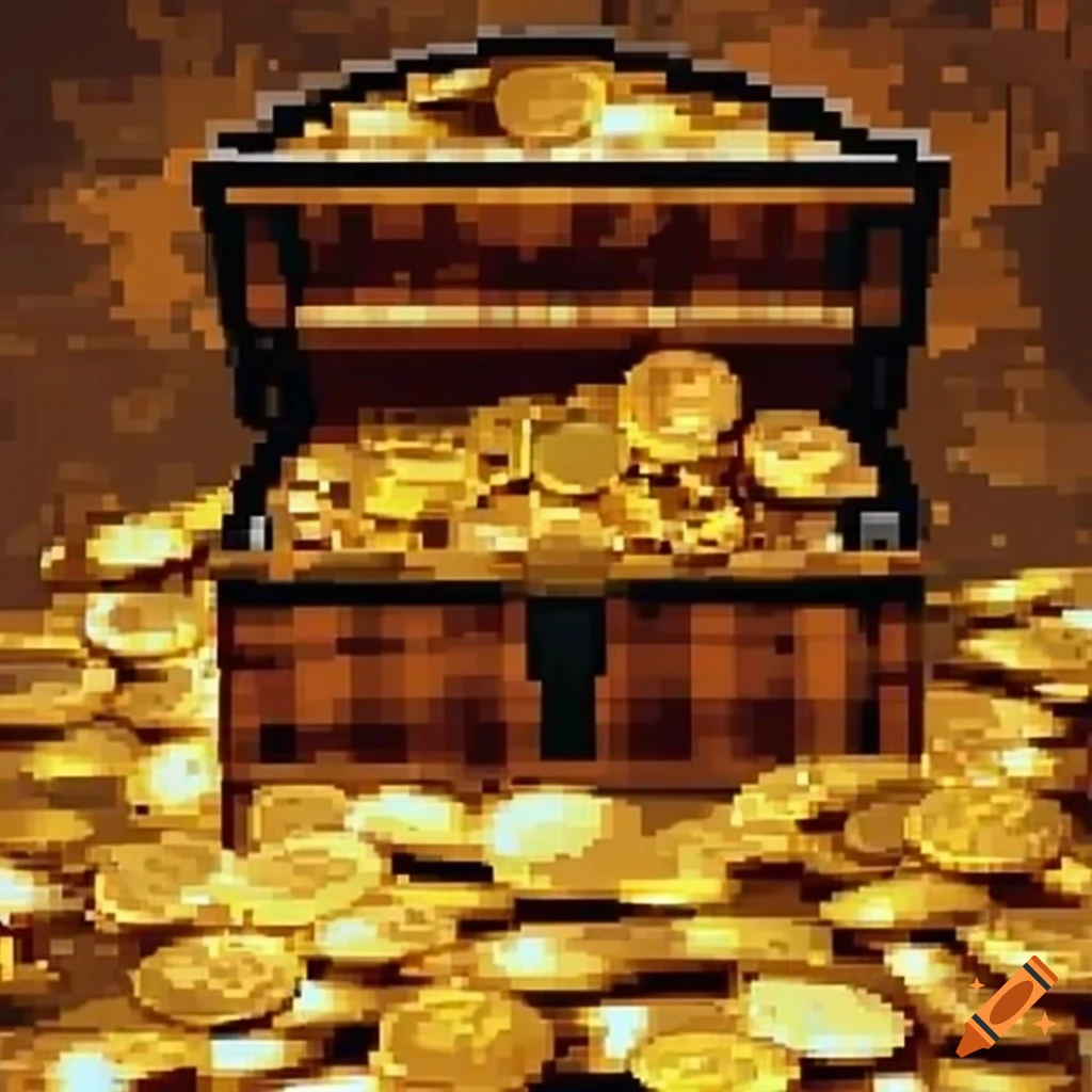 Pixel art treasure chest overflowing with gold coins