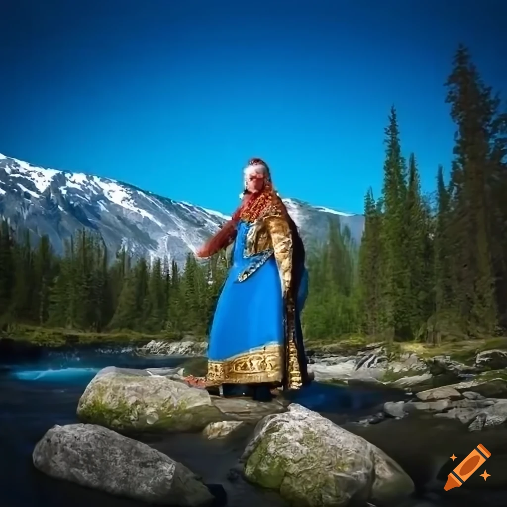 Portrait of a red-haired elf man in red-golden attire at a temple with rocks and a stream