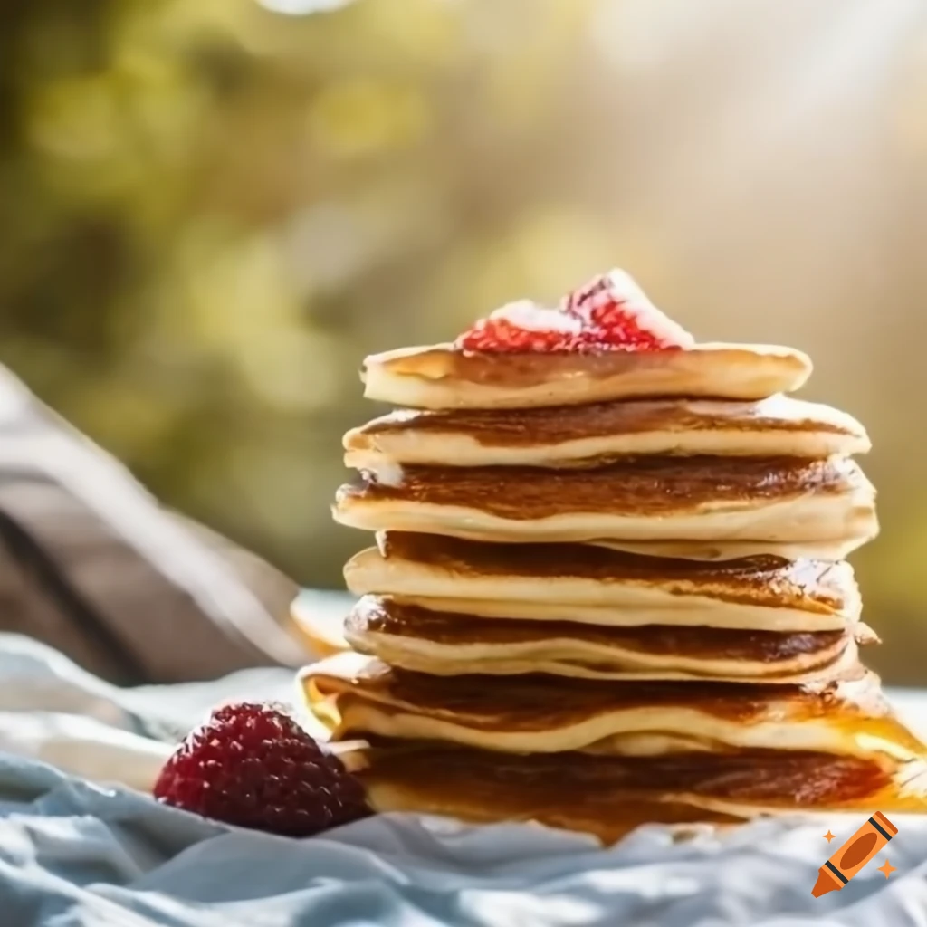 Stack of pancakes on a bed in soft lighting