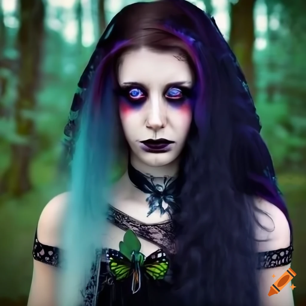 Close up of hyperrealistic Gothic woman with flowers and butterflies in her hair