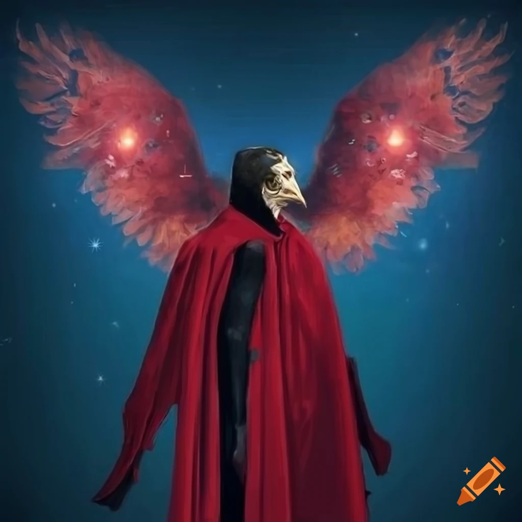 Man with raven head and wings in red cloak under starry sky with Corvus constellation