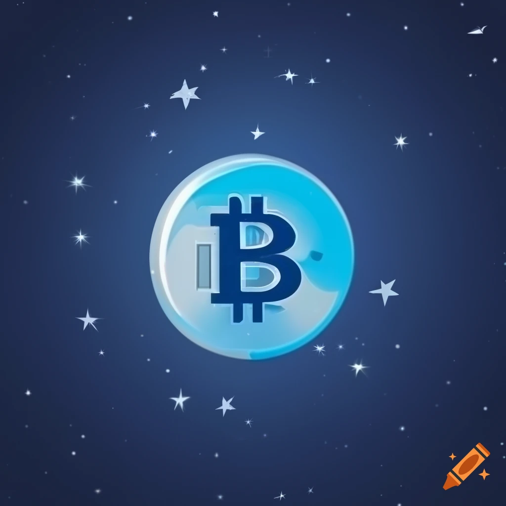 Cryptocurrency logo with rocket launching towards moon and stars in background