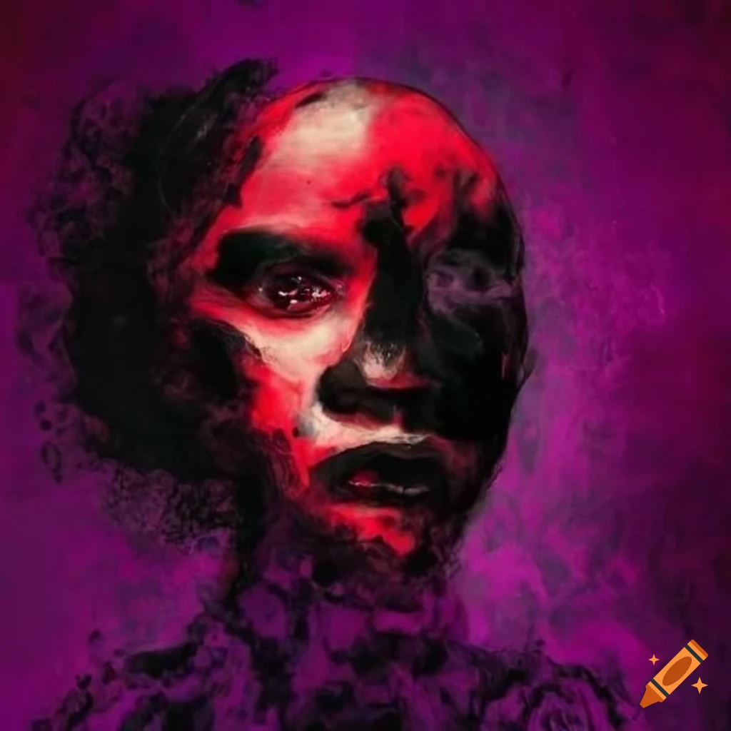 Surreal abstract artwork inspired by African tribe and Goya in black, red, and purple colors